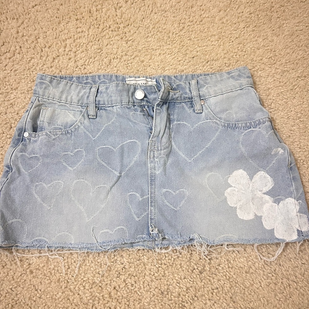 Light Blue Denim Mini Skirt with Heart and Flower Design